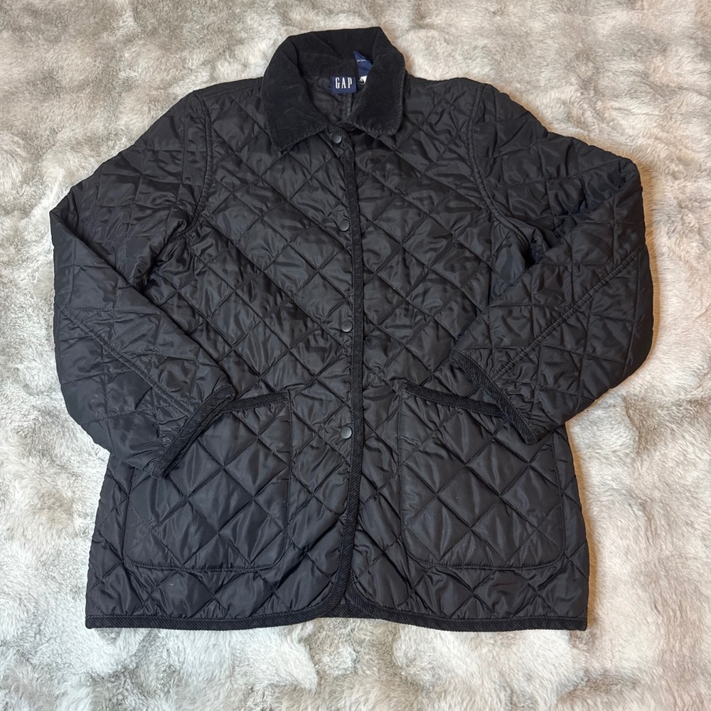 Gap Mens Black Quilted Barn Jacket Corduroy Collar Diamond Quilt Coat Med-0586